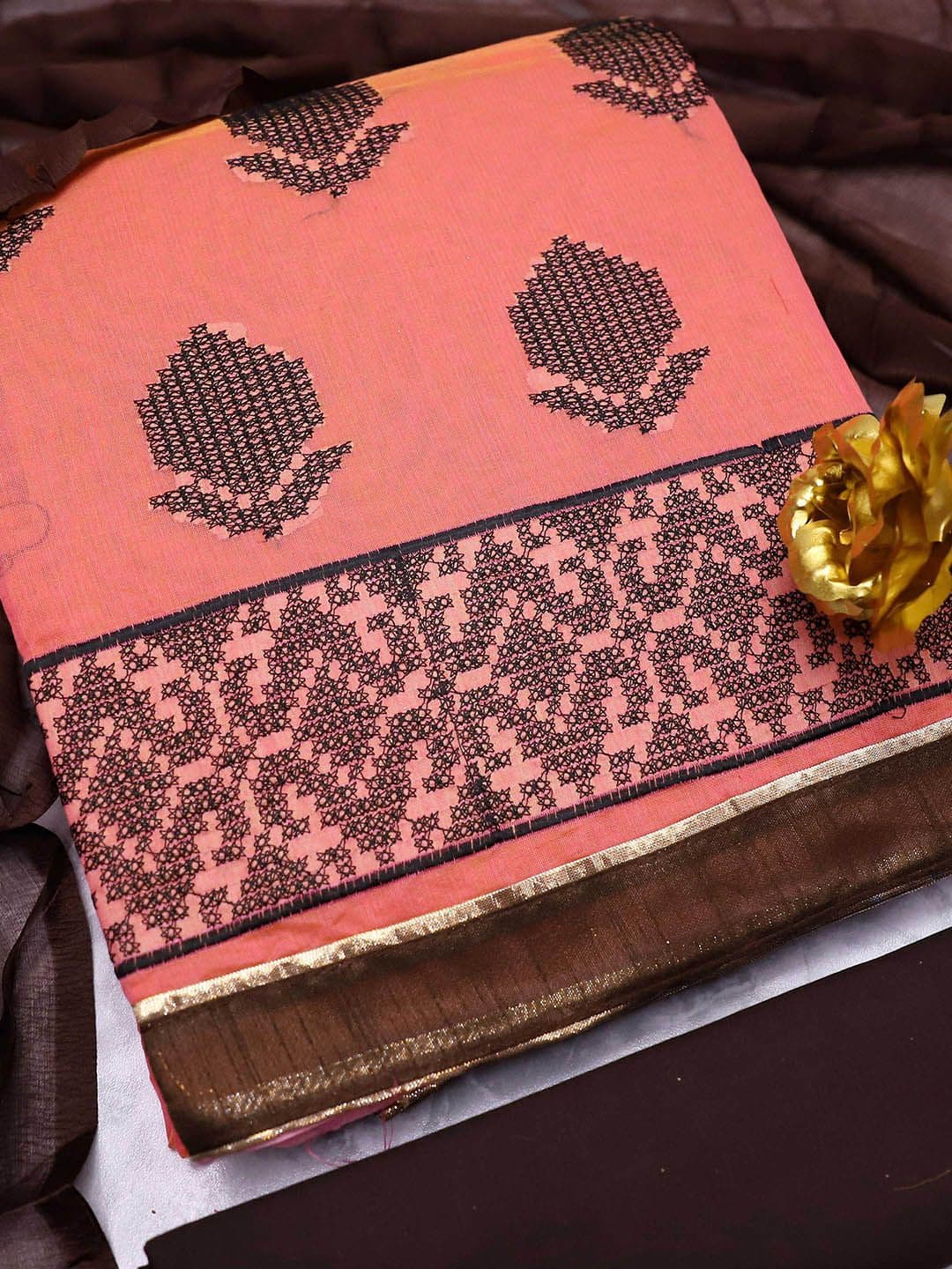 HERE&NOW Geometric Embroidered Chanderi Cotton Unstitched Dress Material - view 1