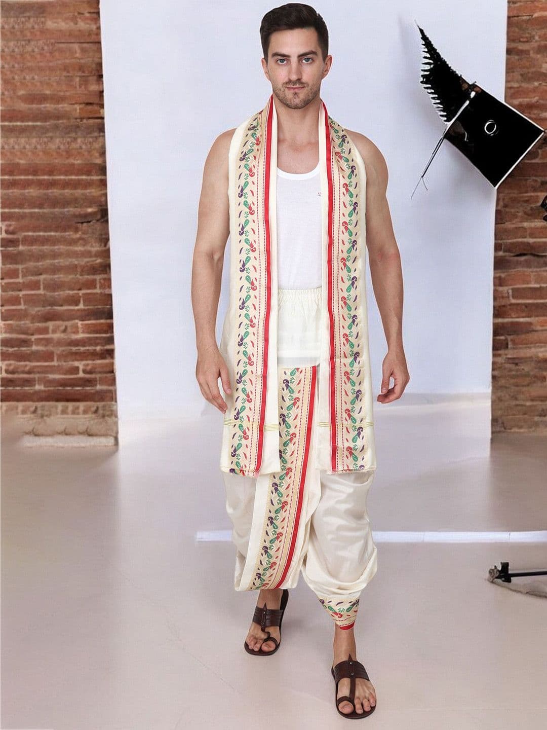 RAMESHWARAM FABRICS Men Printed Art Silk Dhoti Pants and Angavastram Set - view 1