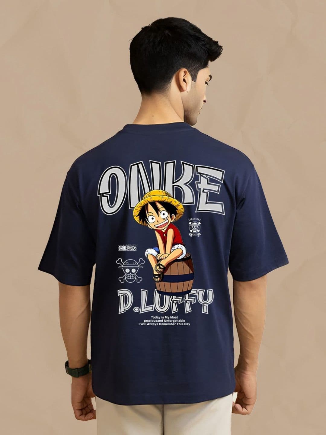 BDSQUARE D Luffy Typography Printed Bio-Wash Oversized Cotton T-shirt - view 1