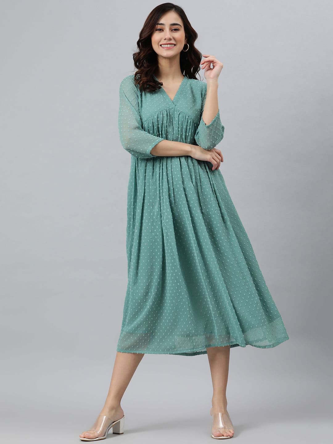 Janasya Self Design Flared Ethnic Dress - view 1
