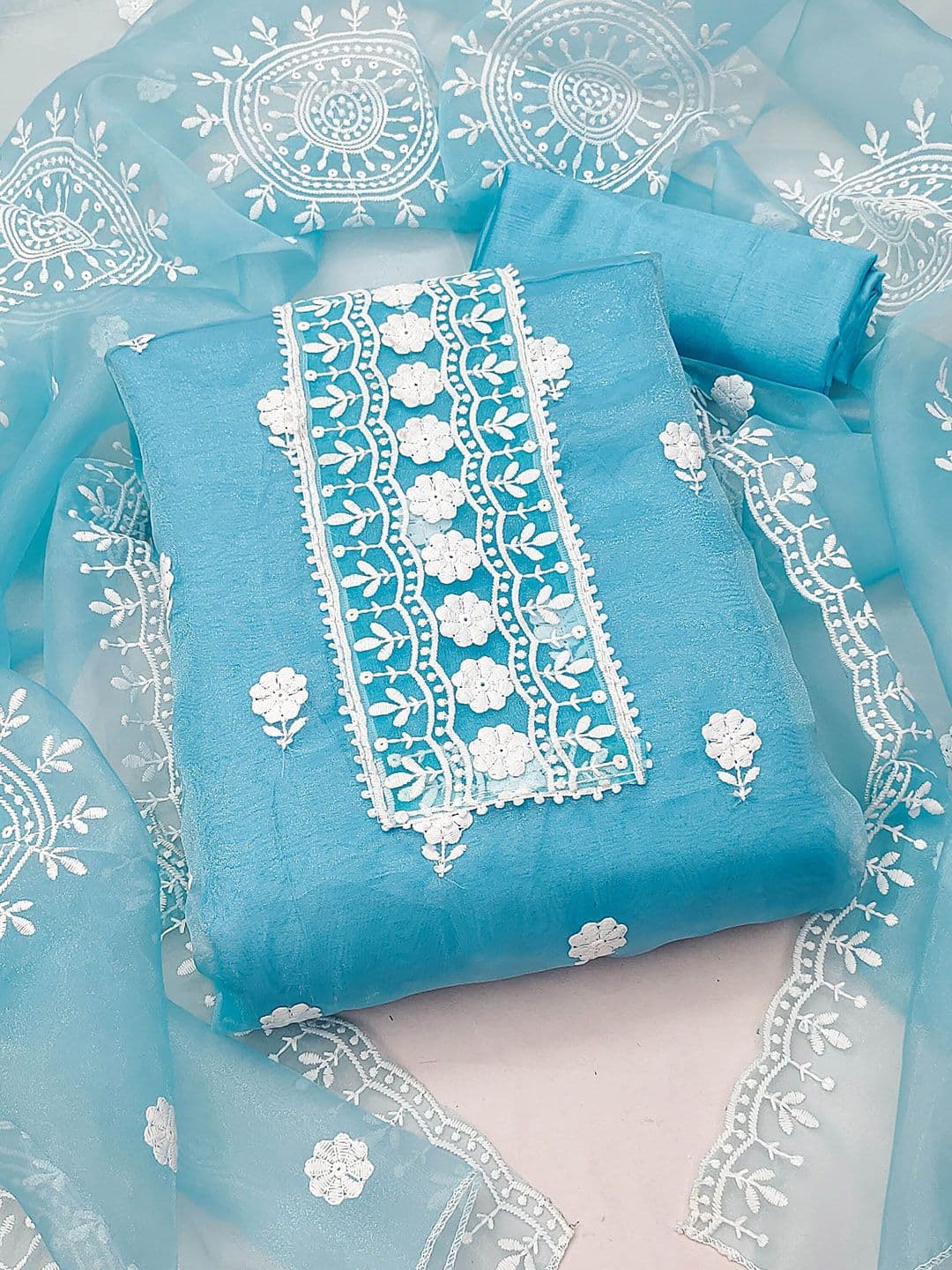 HERE&NOW Floral Embroidered Thread Work Organza Unstitched Dress Material - view 1