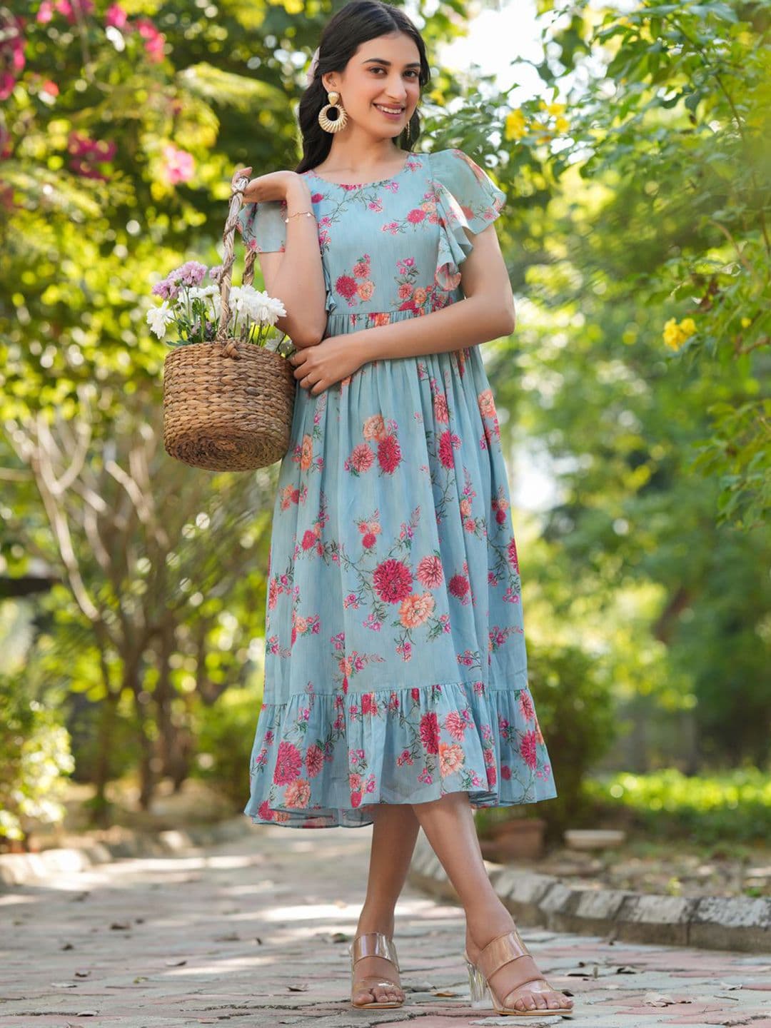 Janasya Floral Printed Tiered Ethnic Dress - view 1