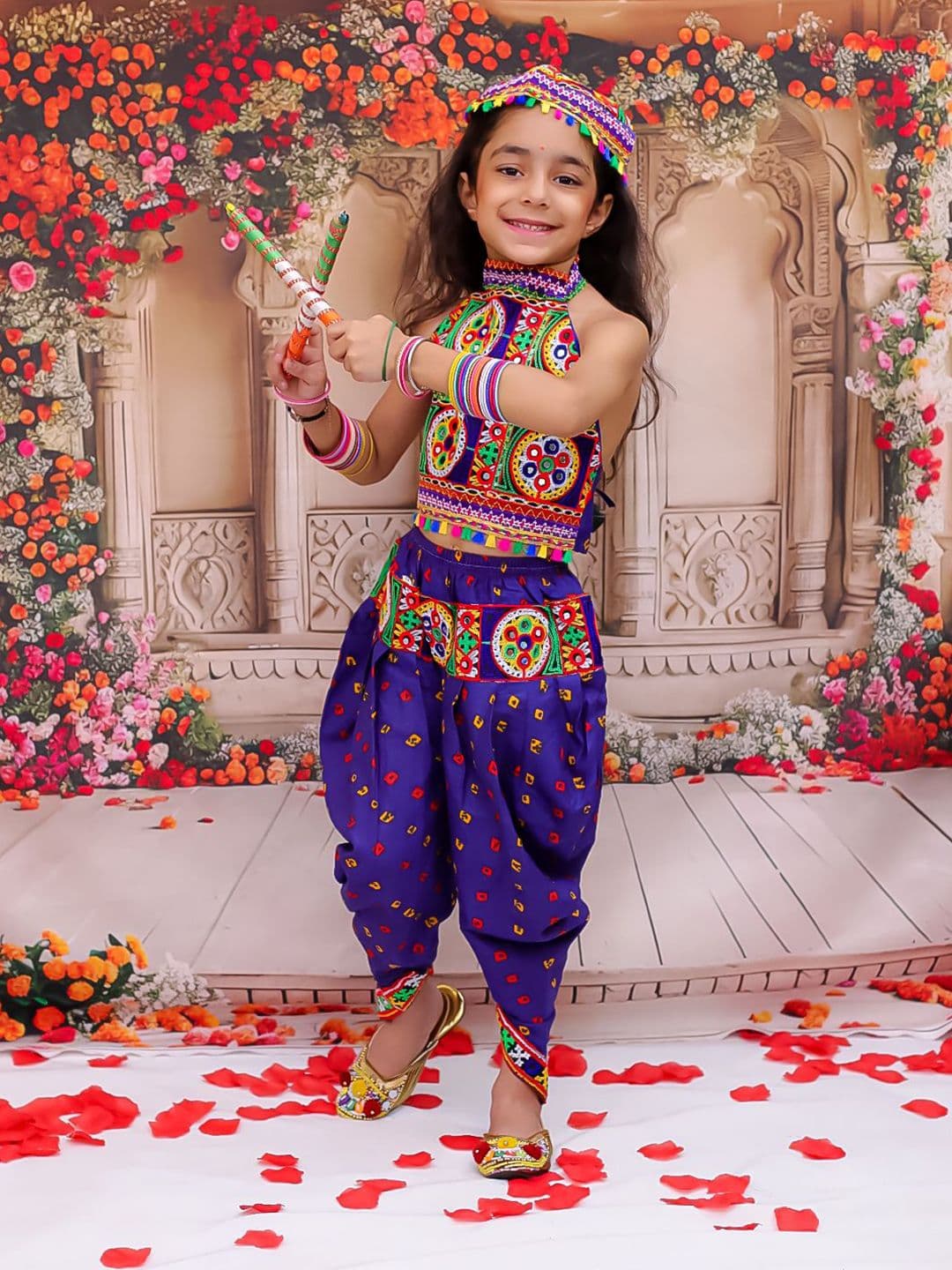 KID1 Girls Floral Embroidered Regular Thread Work Pure Cotton Top with Dhoti Pants & Cap - view 1