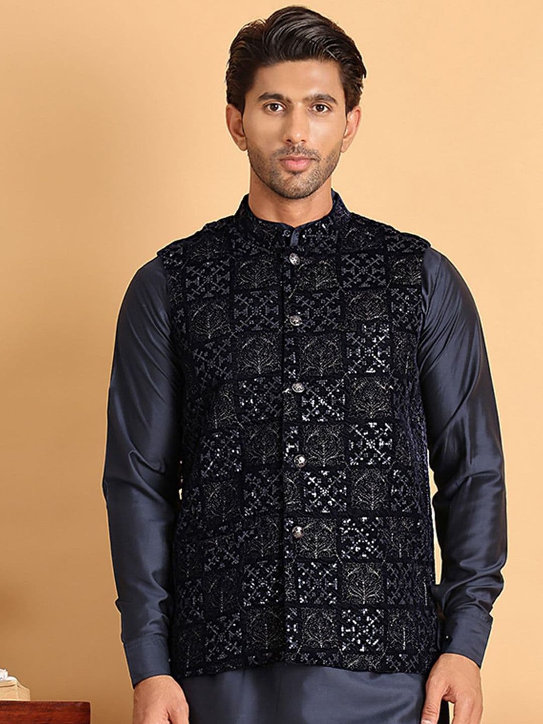 Jompers Men Embroidered Pure Velvet Mandarin Collar Nehru Jacket - view 1