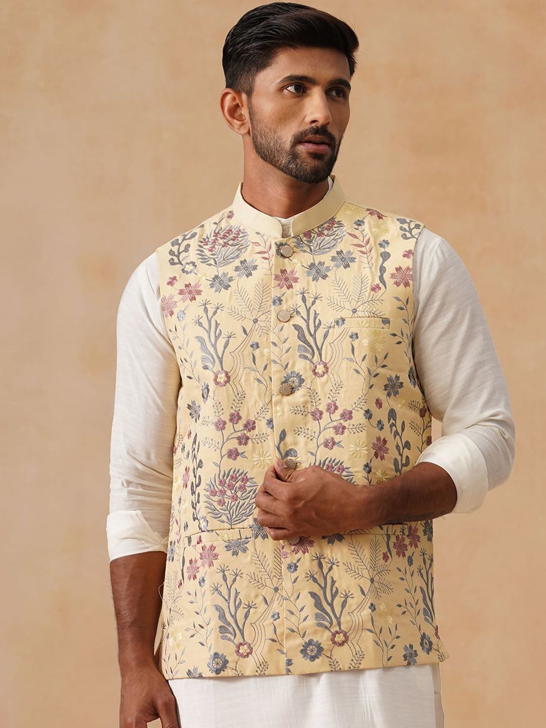Jompers Men Floral Embroidered Mandarin Collar Nehru Jacket - view 1