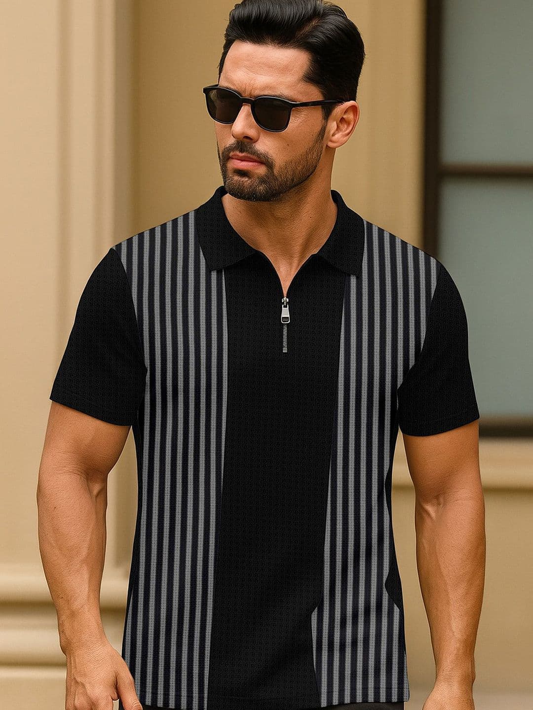 KAJARU Men Striped Polo Collar T-shirt - view 1