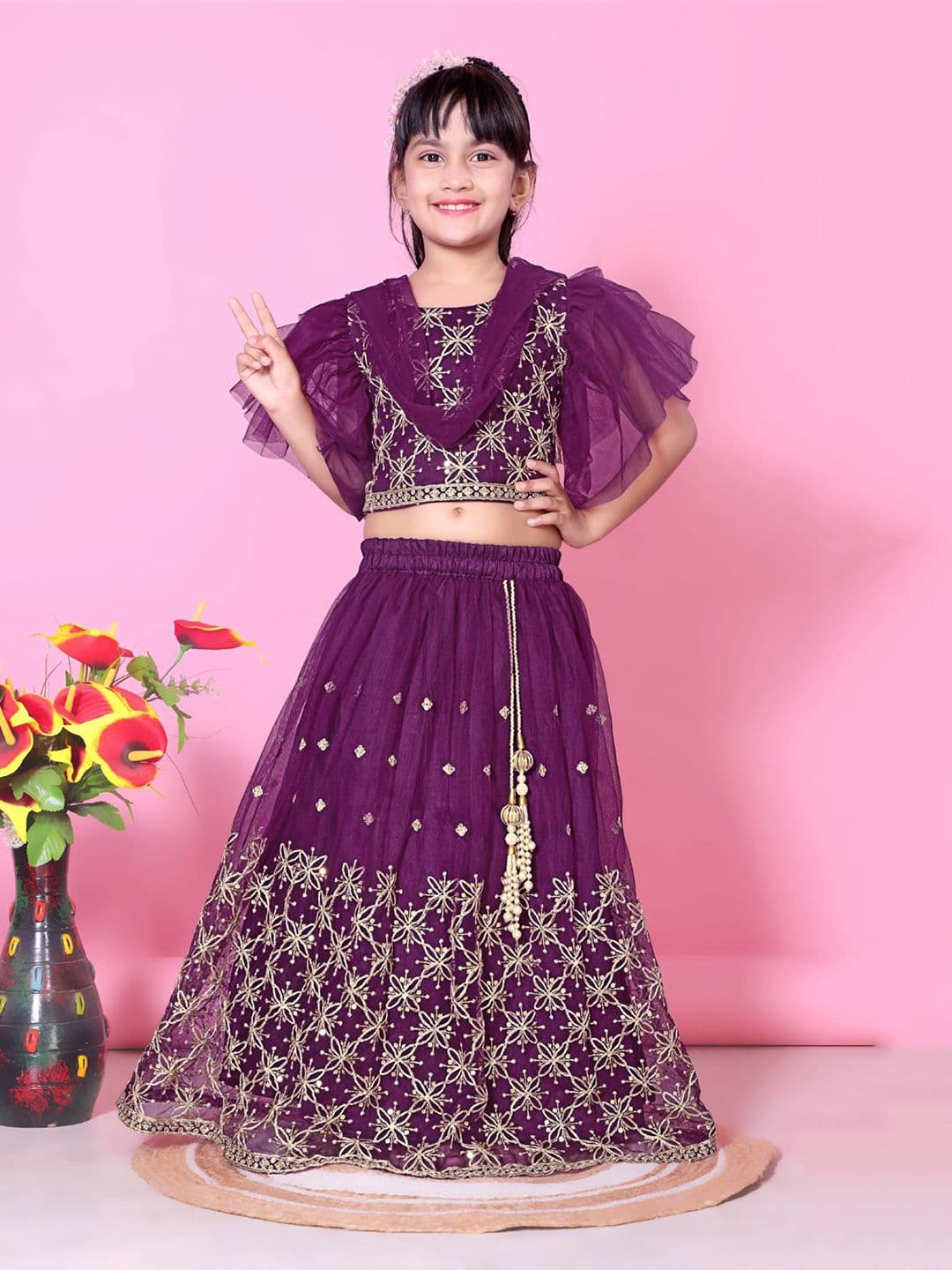 BAESD Girls Embroidered Thread Work Net Ready to Wear Lehenga & Blouse With Dupatta - view 1