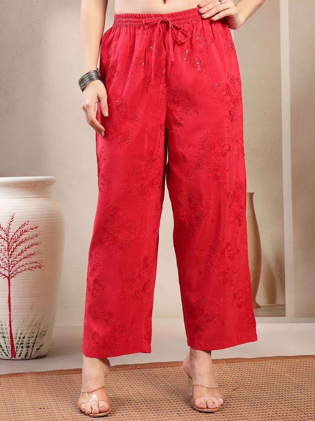 Sangria Women Floral Embroidered Cotton Palazzos - view 1