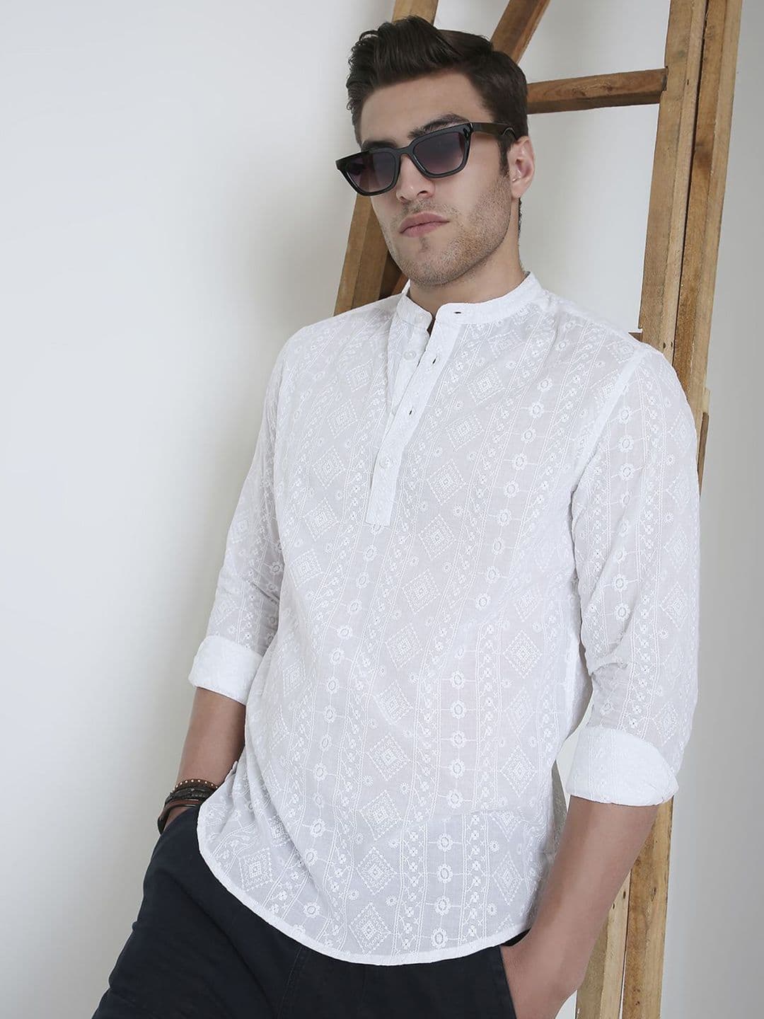 VASTRADO Geometric Embroidered Band Collar Thread Work Straight Cotton Kurta - view 1
