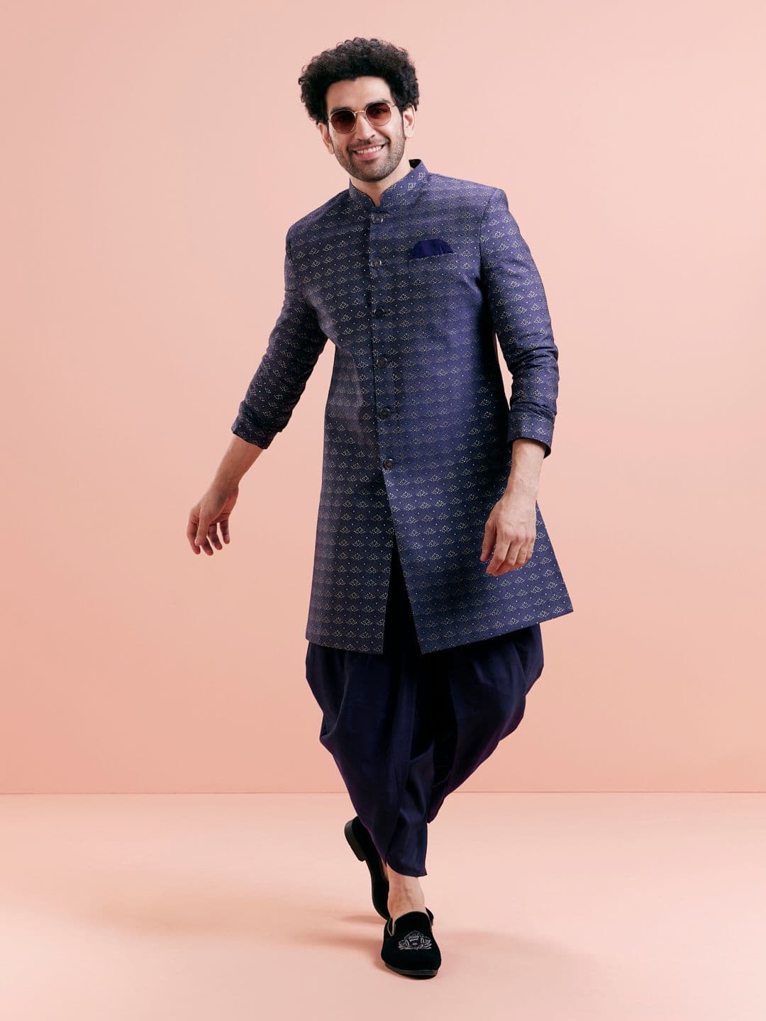 KISAH Men Self-Design Mandarin Collar Kurta Indowestern Sherwani Dhoti Set - view 1