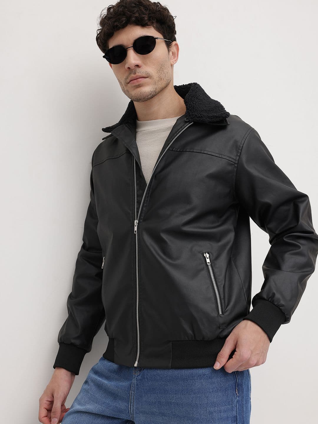 The Roadster Life Co. Faux Leather Spread Collar Bomber Jacket with Sherpa Detail - view 1