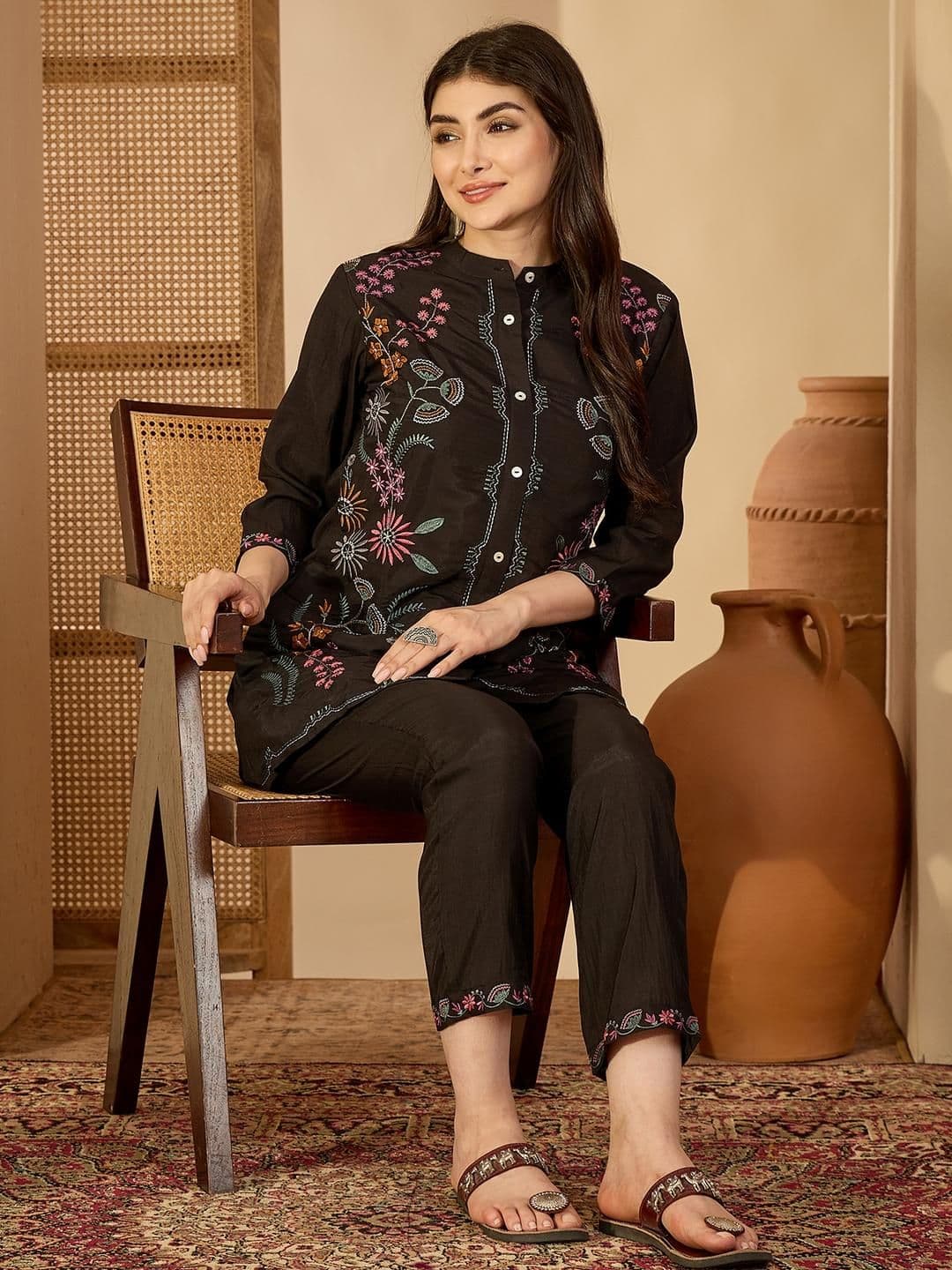 Sangria Black Embroidered Shirt Style Top with Straight Fit Trouser - view 1