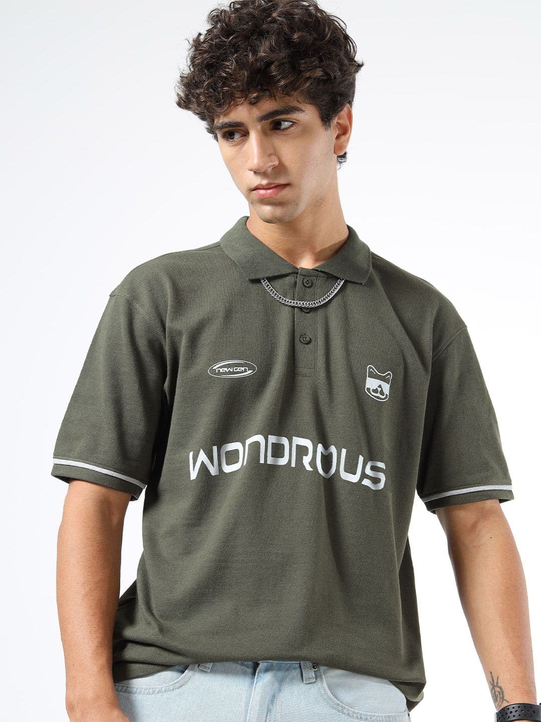 glitchez Olive Typography Polo Collar Regular Fit T-shirt - view 1