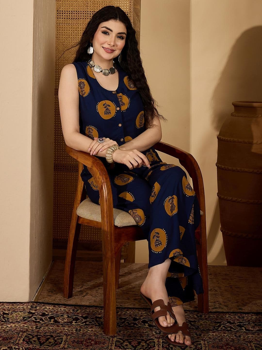 Sangria Women Navy Blue Cotton Blend Botanical Printed Sleeveless Co-Ord Set - view 1