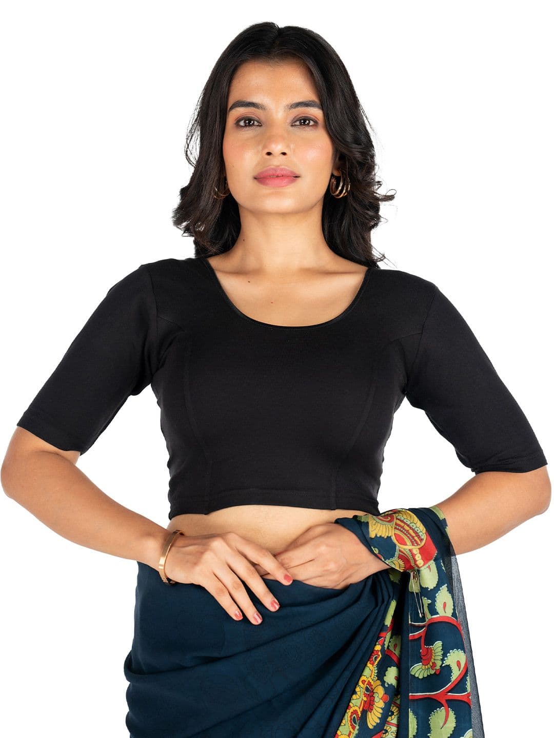 Abhi Women U Neck Solid Cotton Lycra Stretchable Half Sleeve Readymade Saree Blouse - view 1