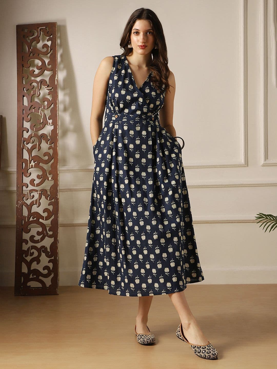Globus Women Floral Printed Gathered V-Neck Wrap Fit & Flared Midi Dress - view 1