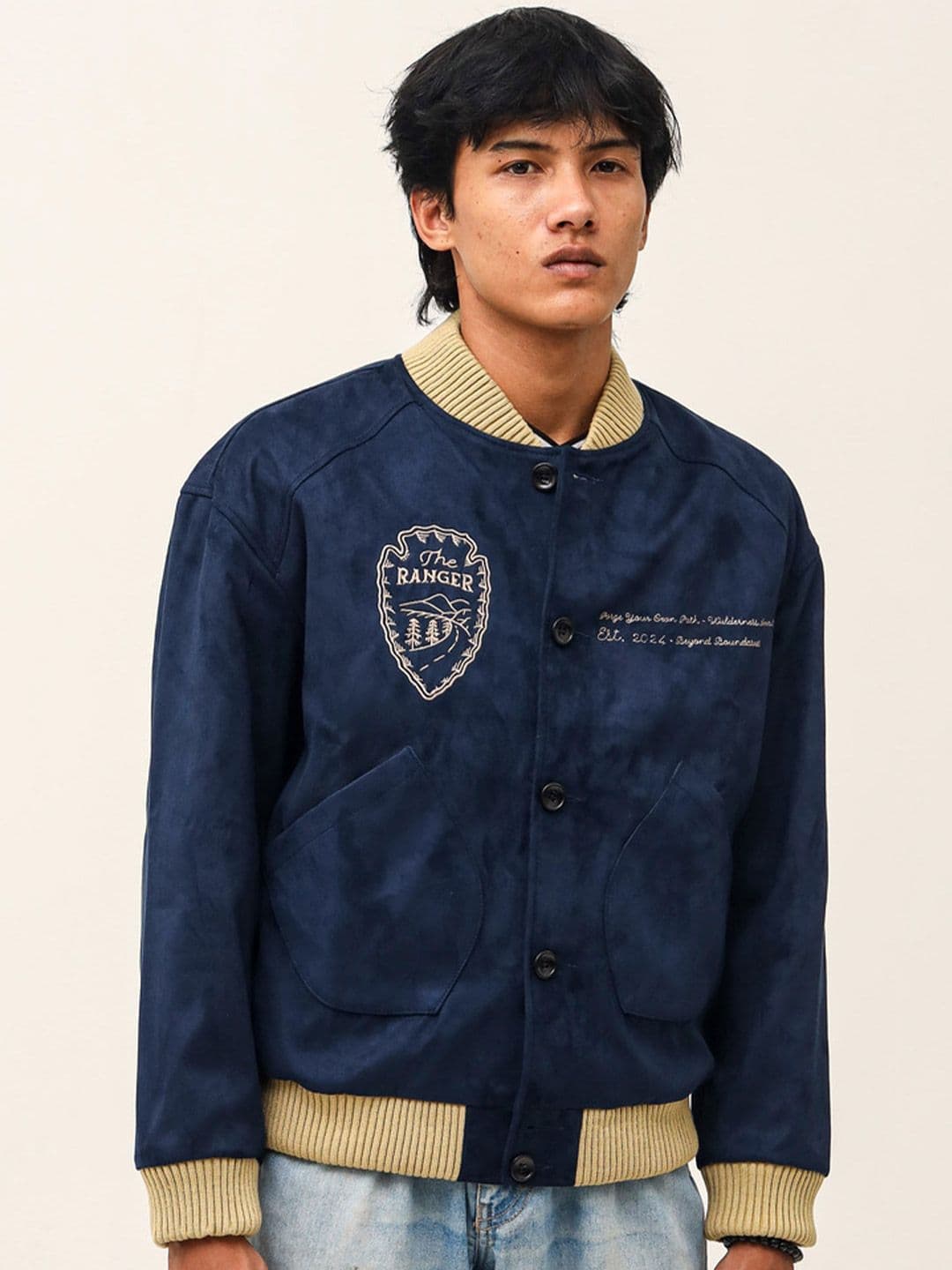 KALICO Self Design Mandarin Collar Varsity Jacket - view 1