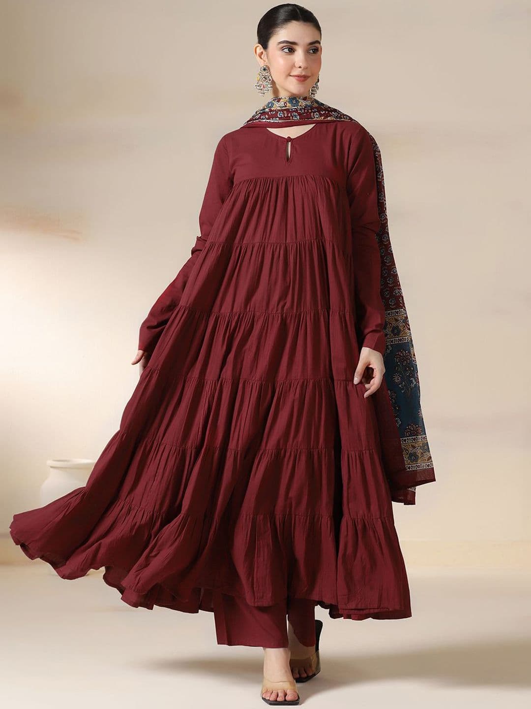 Mizaz Women Solid Cotton Anarkali Kurta with Trousers & Dupatta - view 1