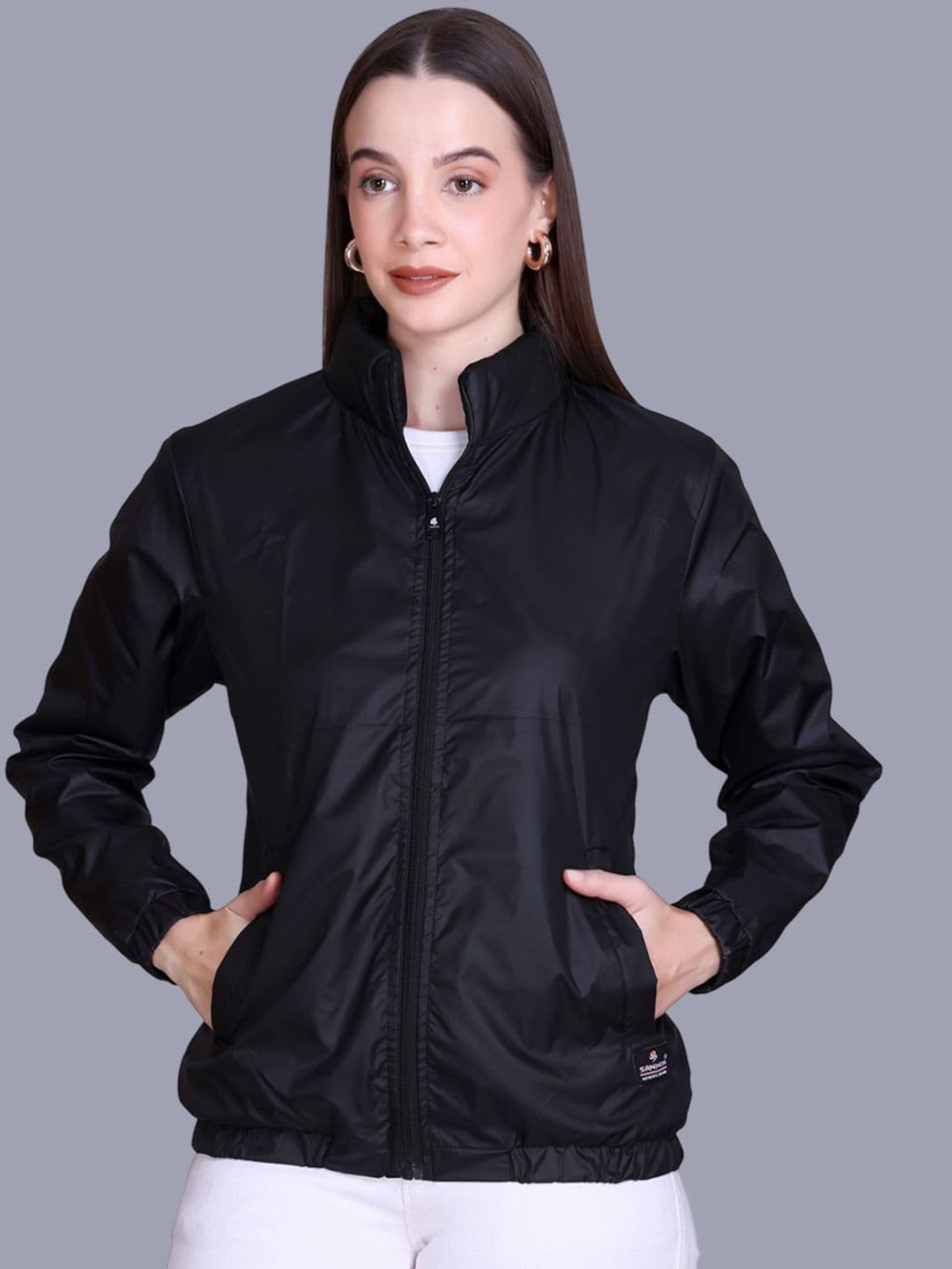 SANHOK Women Solid Black Bomber Jacket - view 1
