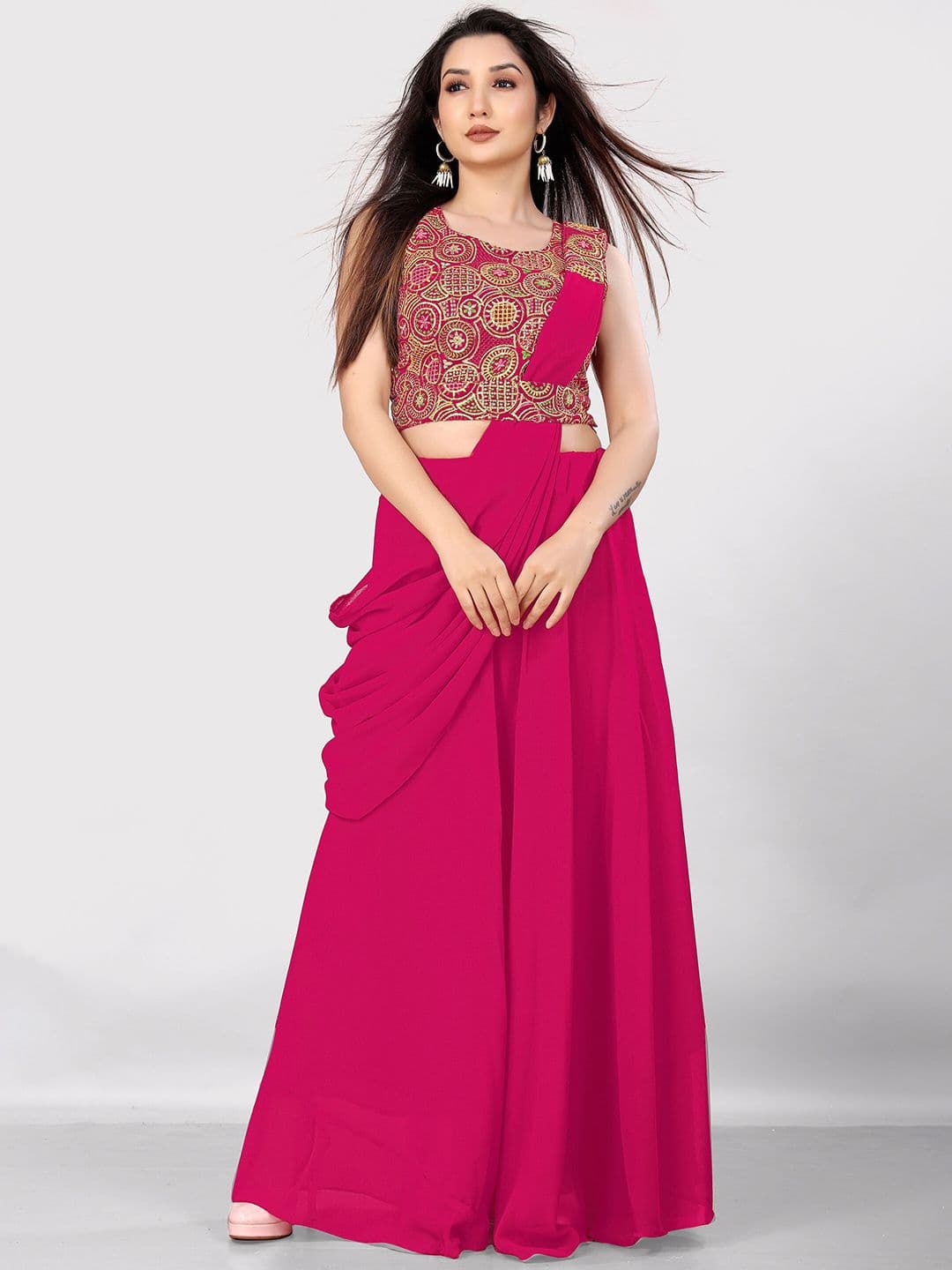 Pantos Embroidered Georgette Ready To Wear Draped Lehenga & Blouse With Dupatta - view 1