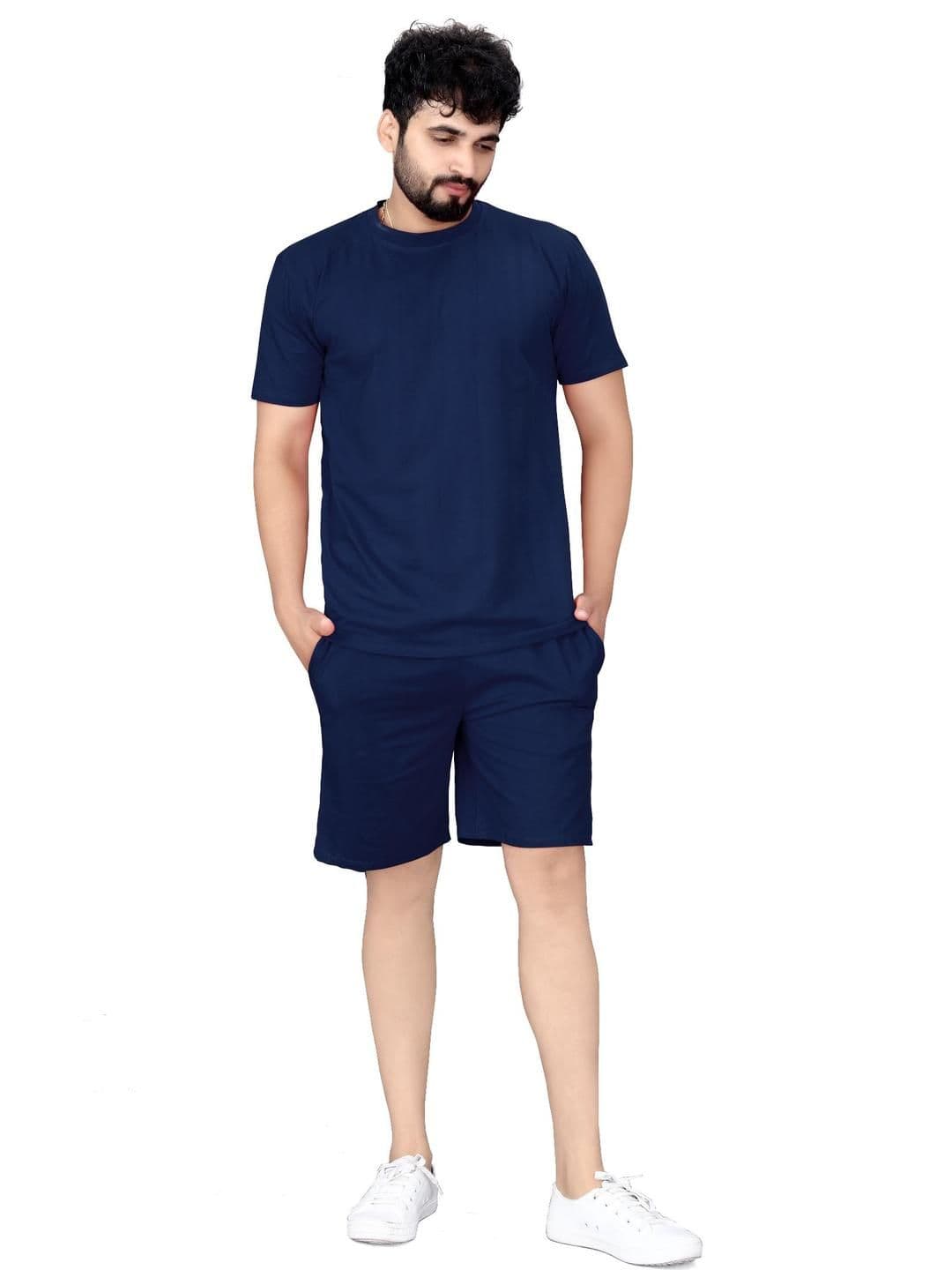 SATPURUSH Men Navy Blue Solid Relaxed Fit T-Shirt & Shorts Night Suit Set - view 1