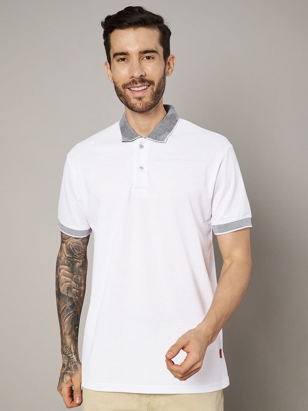 Leotude Men Solid Polo Collar Cotton T-shirt - view 1