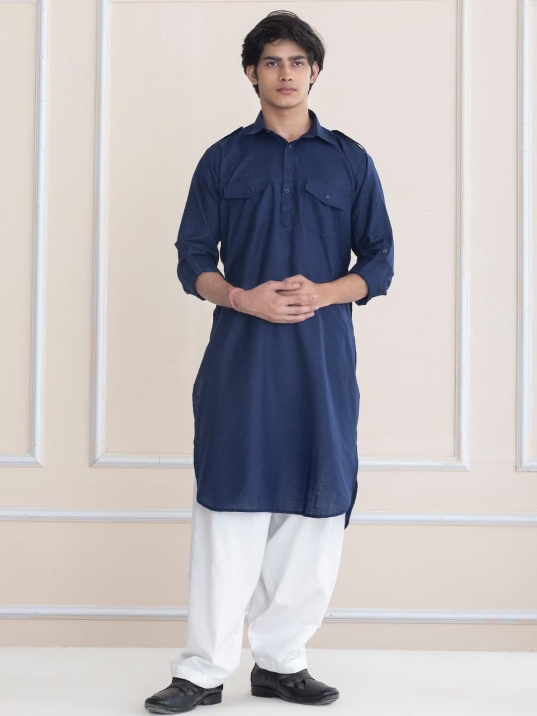 APPIX Men Navy Blue Cotton Pathani Kurtas - view 1