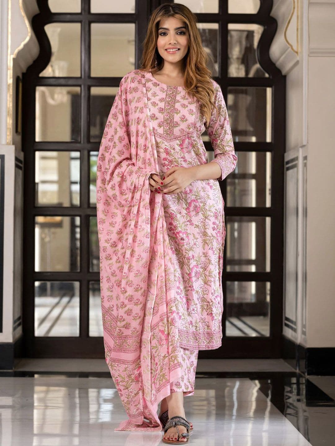 KALINI Floral Printed Sequinned Pure Cotton Straight Kurta With Trousers & Dupatta - view 1