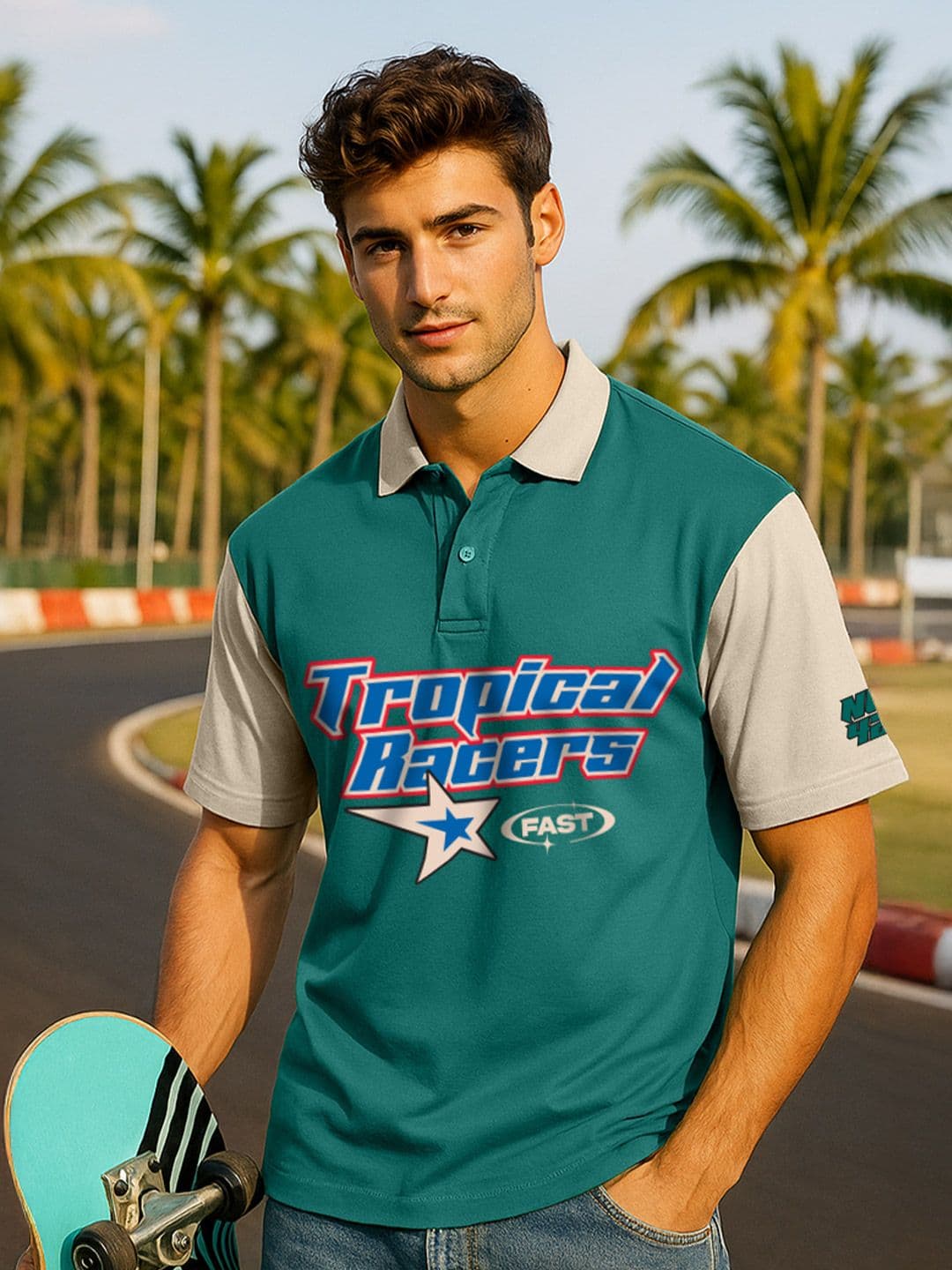 VEIRDO Men Green Printed Drop-Shoulder Pure Cotton Oversized Polo T-shirt - view 1