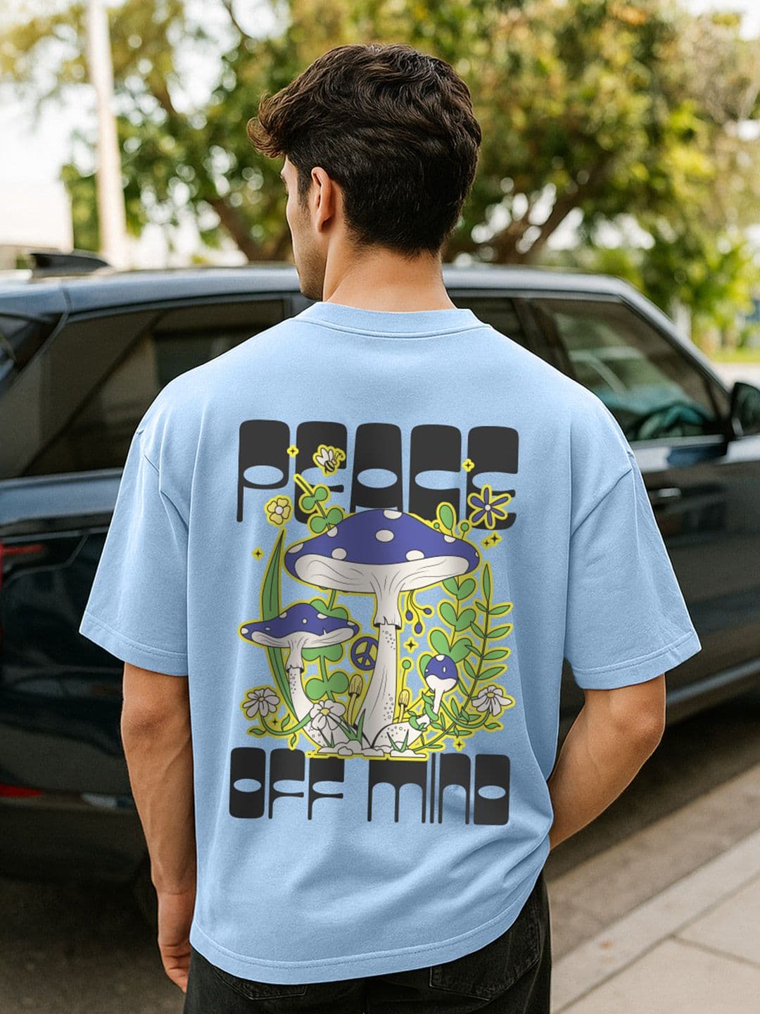 VEIRDO Men Blue Graphic Printed Round Neck Relaxed Fit Pure Cotton Oversized T-Shirt - view 1