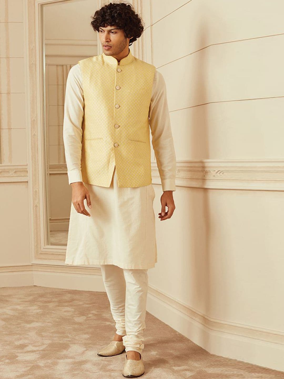 Tasva Men Woven Design Mandarin Collar Nehru Jacket - view 1