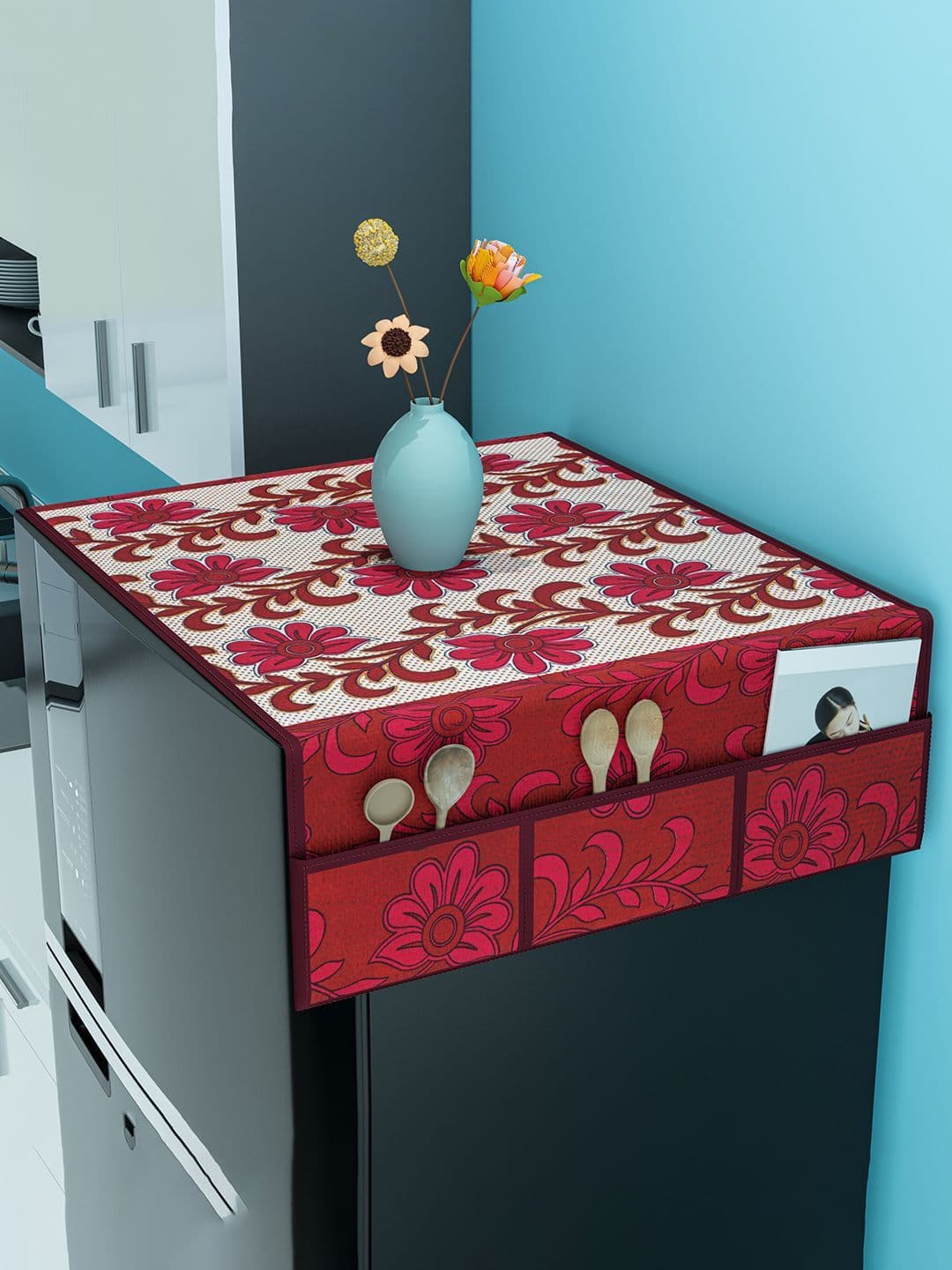 Kuber Industries White & Brown Flower Printed Waterproof Fridge Top Cover - view 1