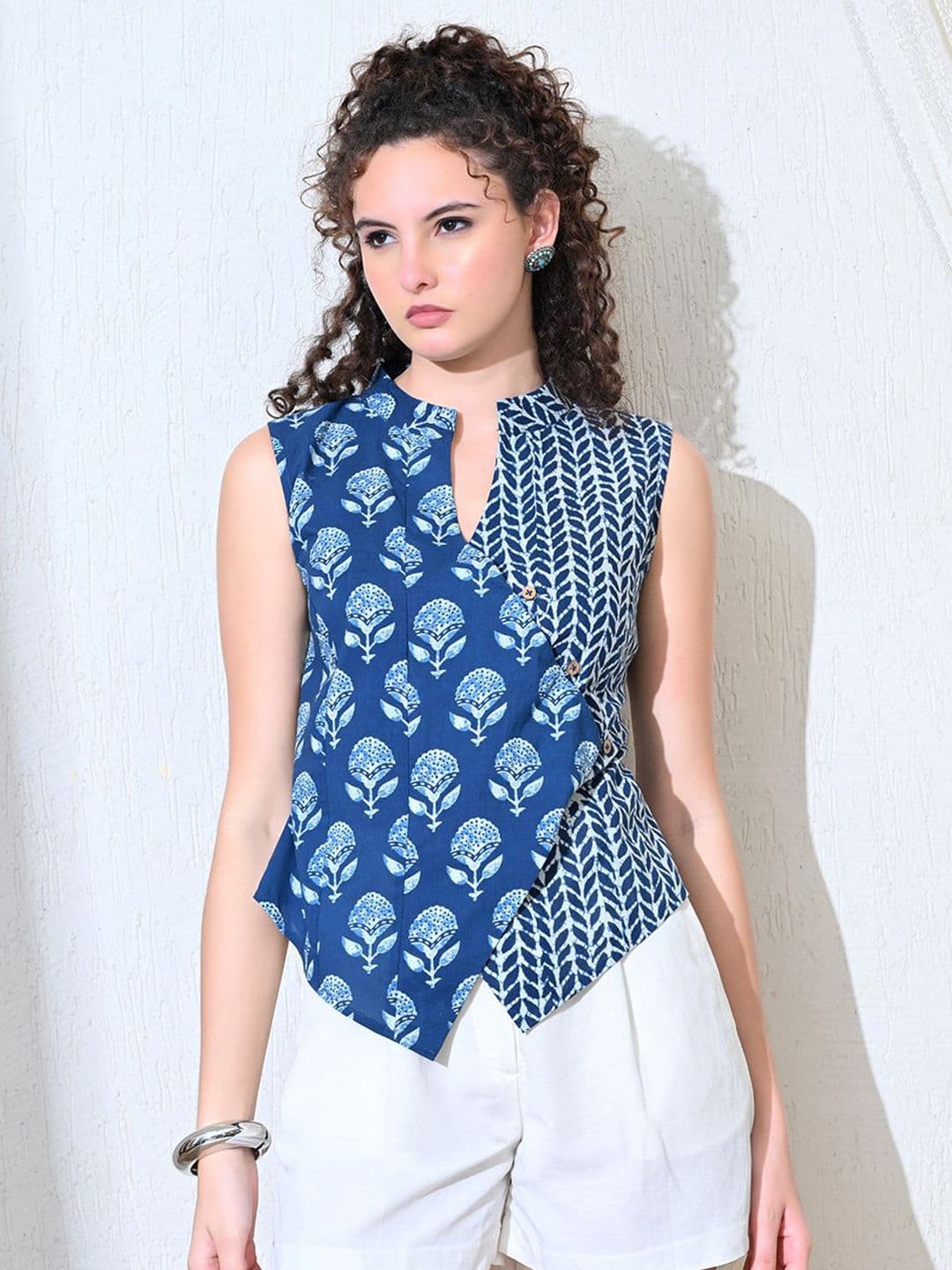 KALAMIR Neelam Floral Printed Mandarin Collar Cotton Vest Top - view 1