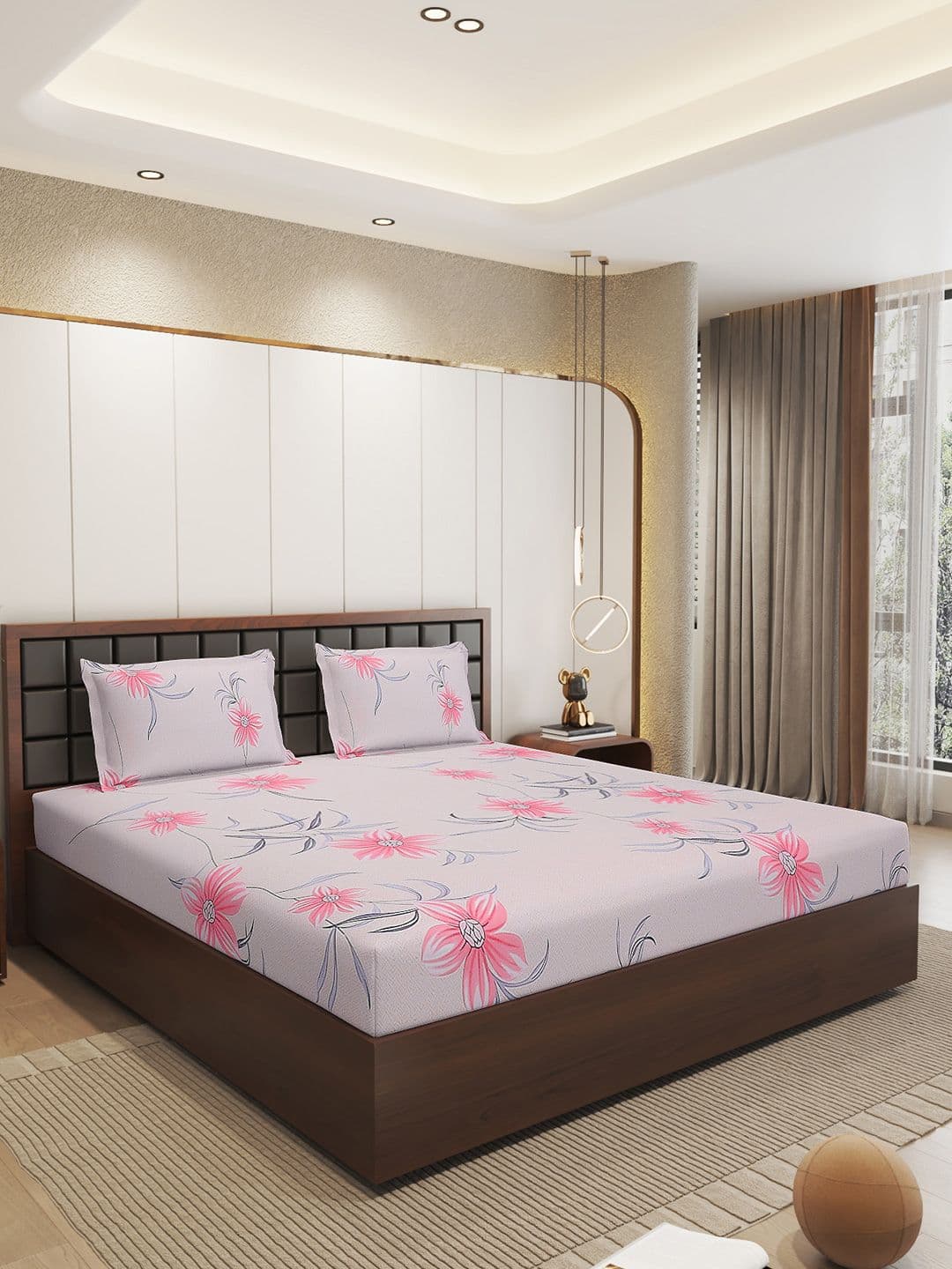 Status Pink & Green Floral Microfiber 210 TC Fitted Double Queen Bedsheet Set-1.98mx1.82m - view 1