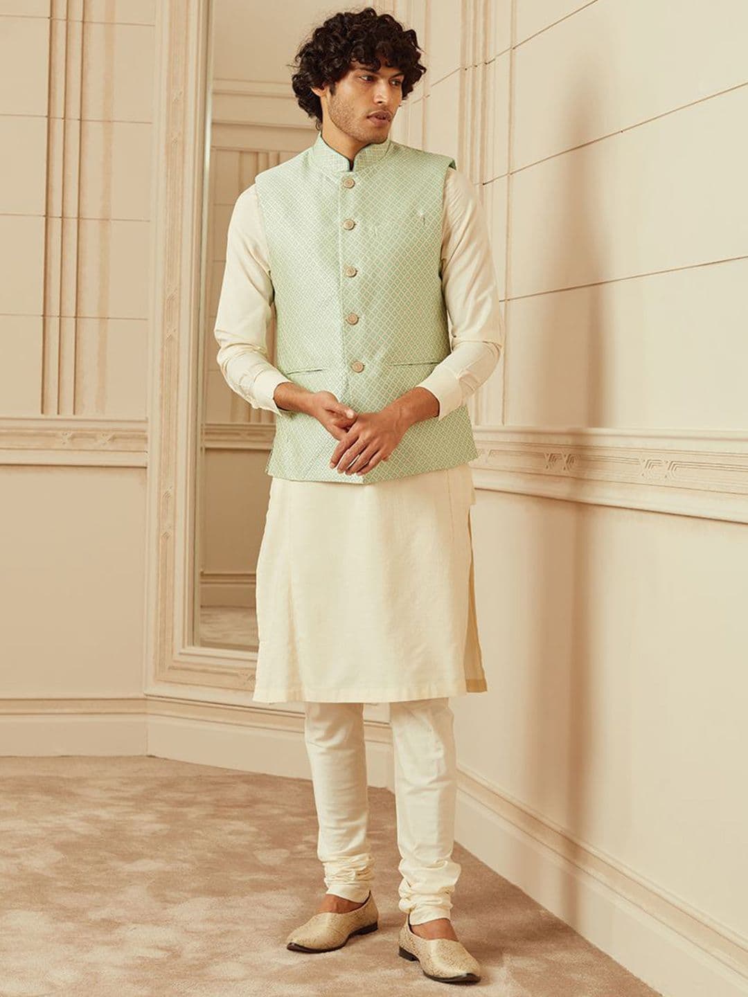 Tasva Woven Design Mandarin Collar Jacquard Nehru Jacket - view 1