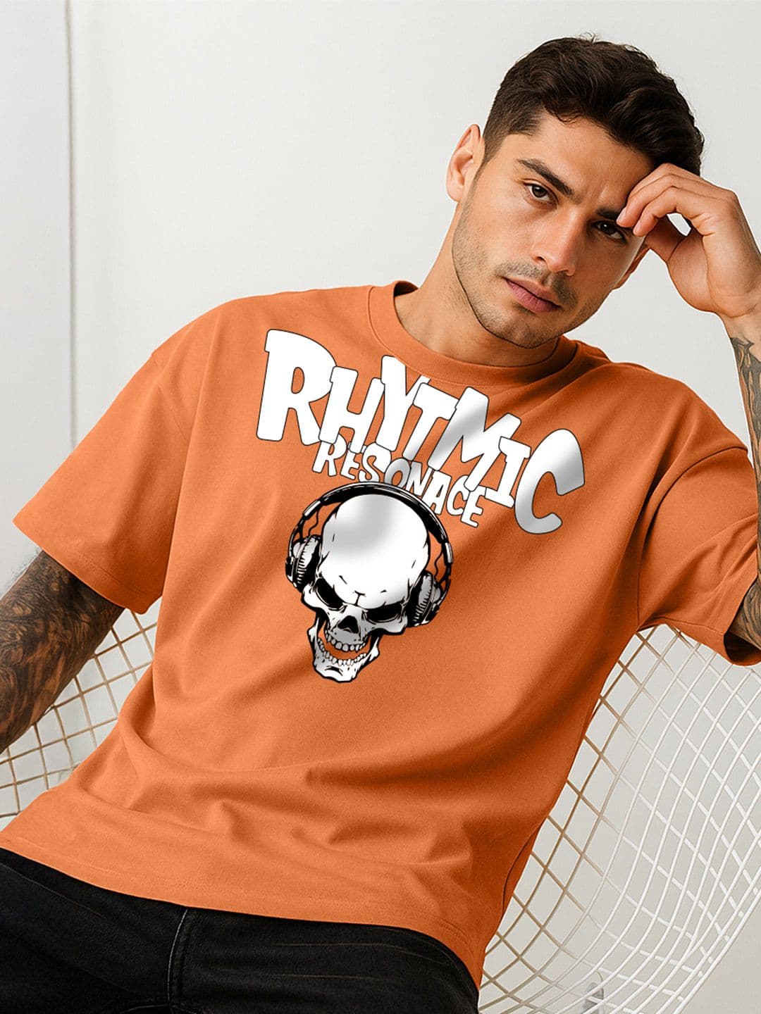 VEIRDO Men Orange Graphic Printed Round Neck Relaxed Fit Pure Cotton Oversized T-Shirt - view 1