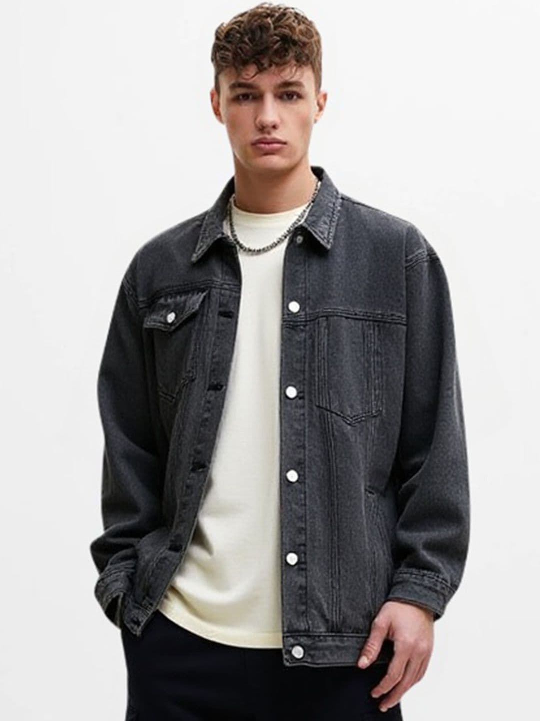 HERE&NOW Men Grey Solid Denim Jacket With Long sleeves - view 1