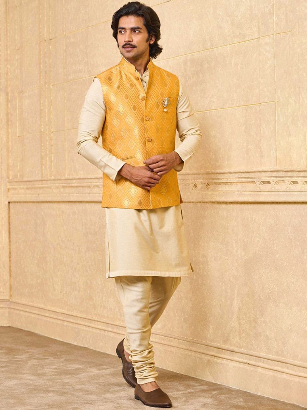 Tasva Men Woven Design Mandarin Collar Nehru Jacket - view 1