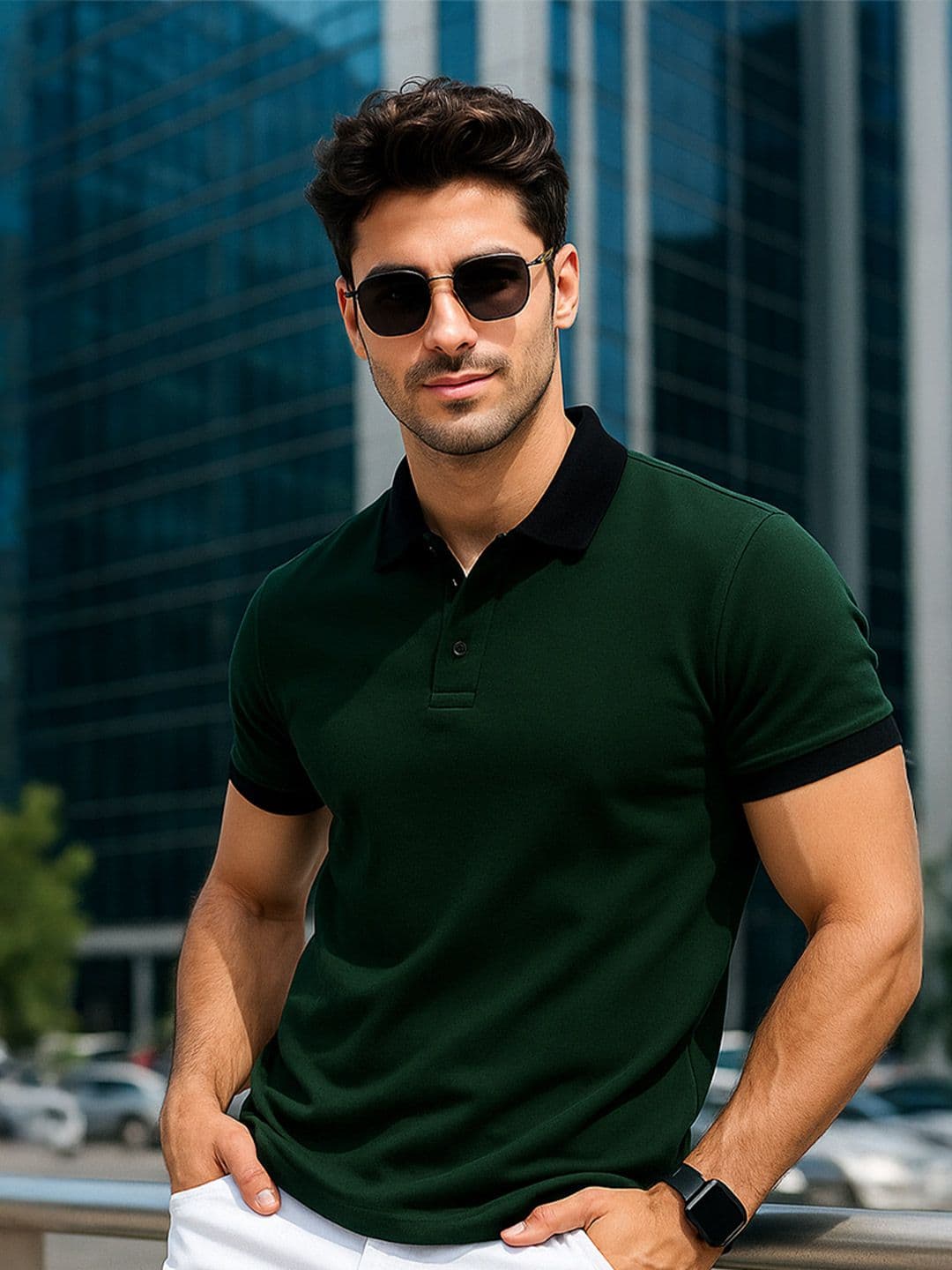 VEIRDO Men Green Solid Regular Fit Pure Cotton Polo T-Shirt - view 1
