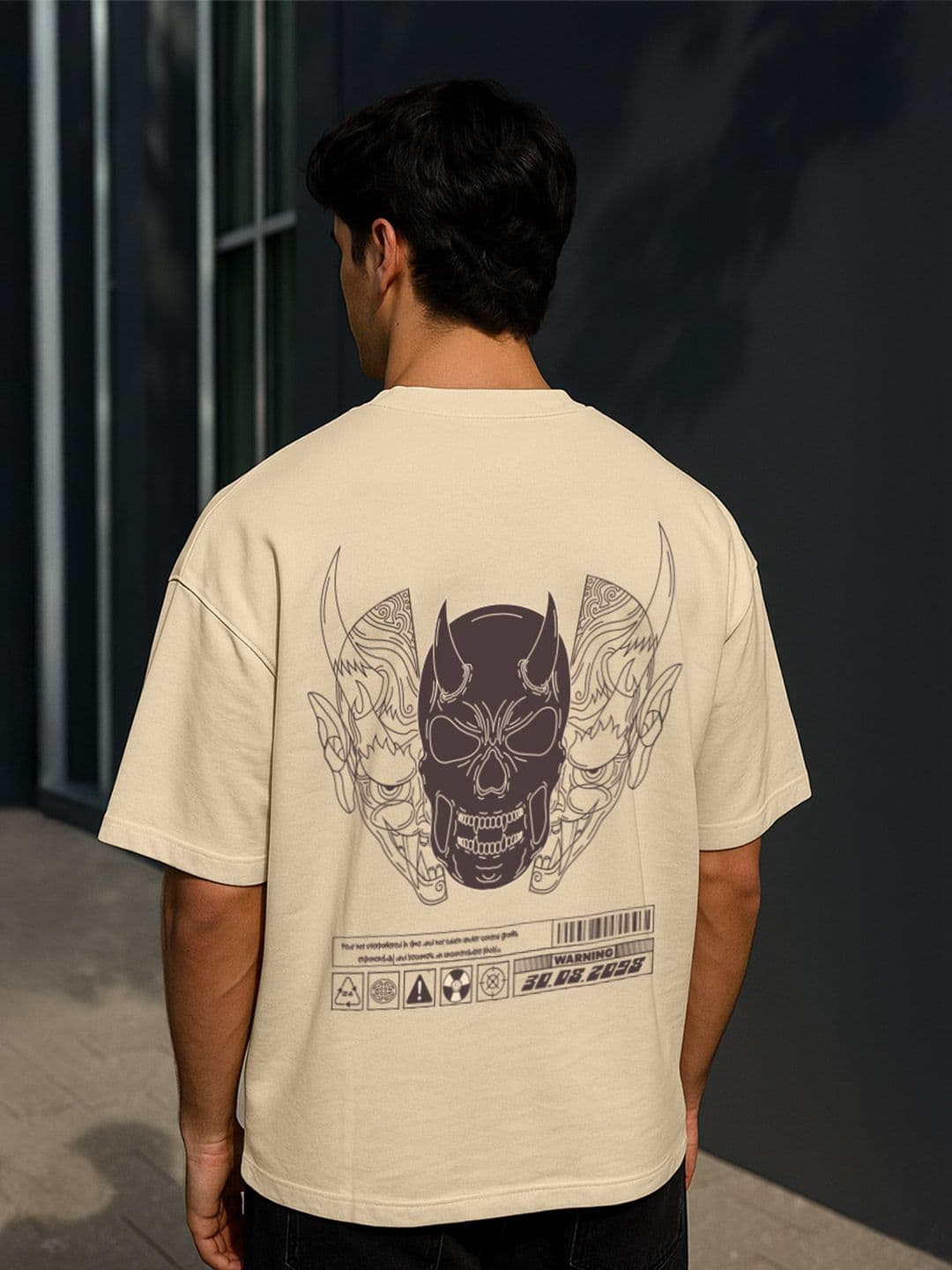 VEIRDO Men Cream Graphic Printed Round Neck Relaxed Fit Pure Cotton Oversized T-Shirt - view 1
