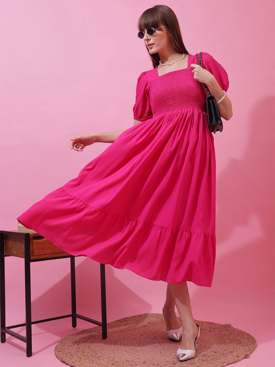 SHEETAL Associates Square Neck Puff Sleeves Cotton Fit & Flare Midi Dress - view 1