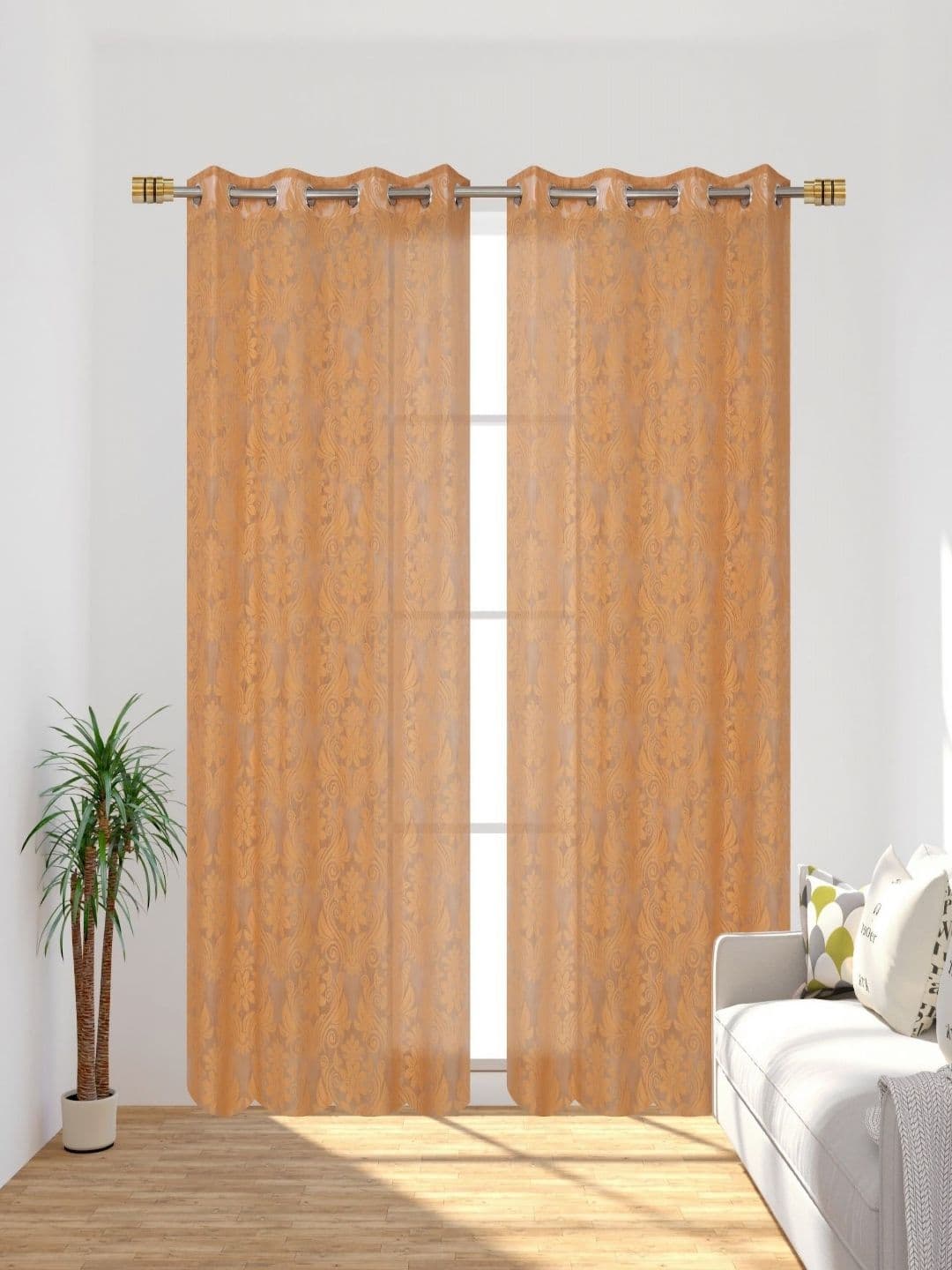Aura Gold-Toned 2 Pieces Self Design Sheer Long Door Curtains - view 1