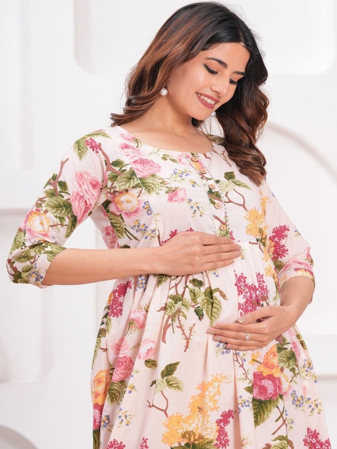 Style Heaven Women Cream Floral Printed Pure Cotton Maternity Angrakha Kurti - view 1