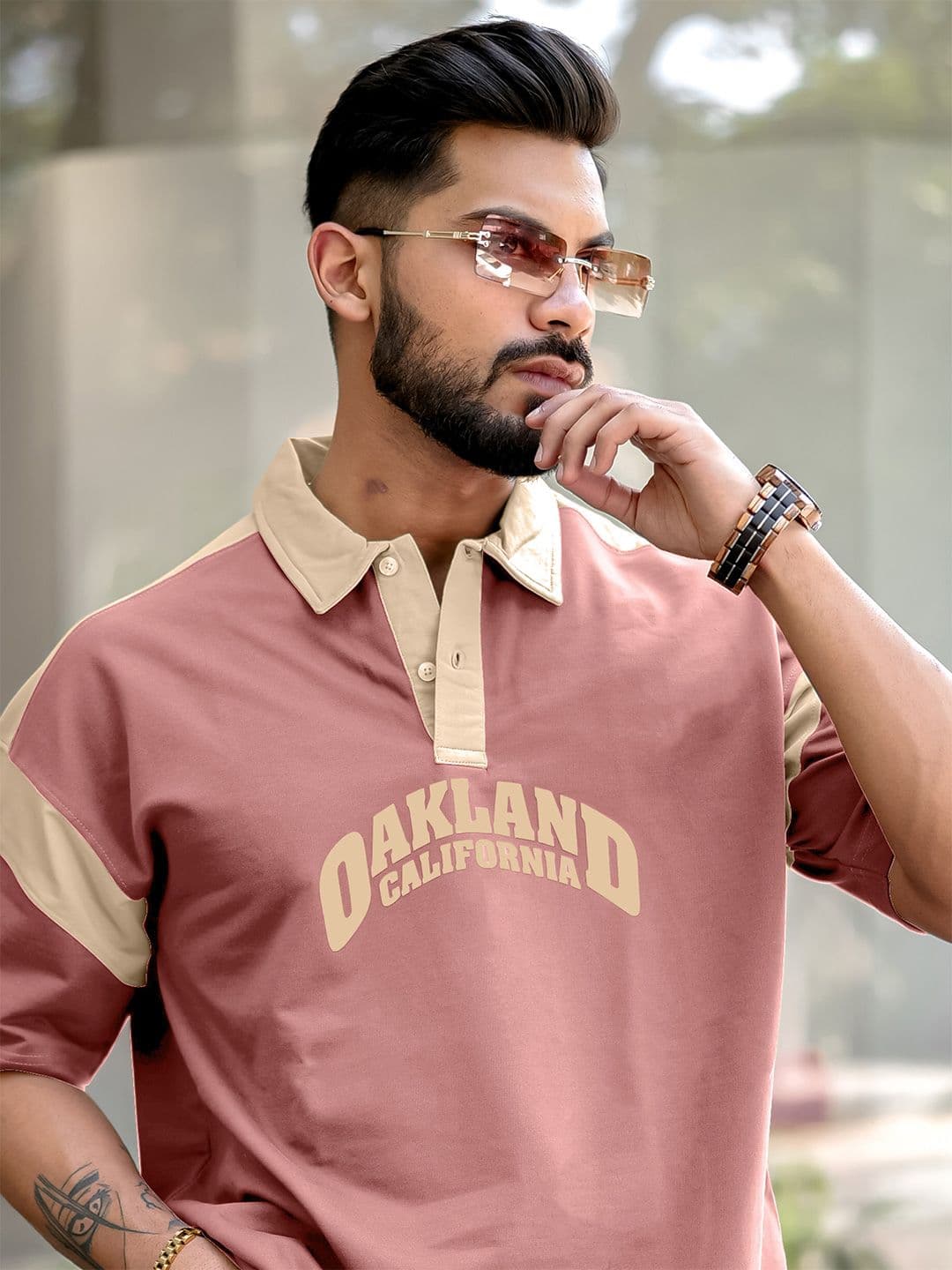 Maniac Men Typography Printed Polo Collar Cotton Oversized T-Shirt - view 1