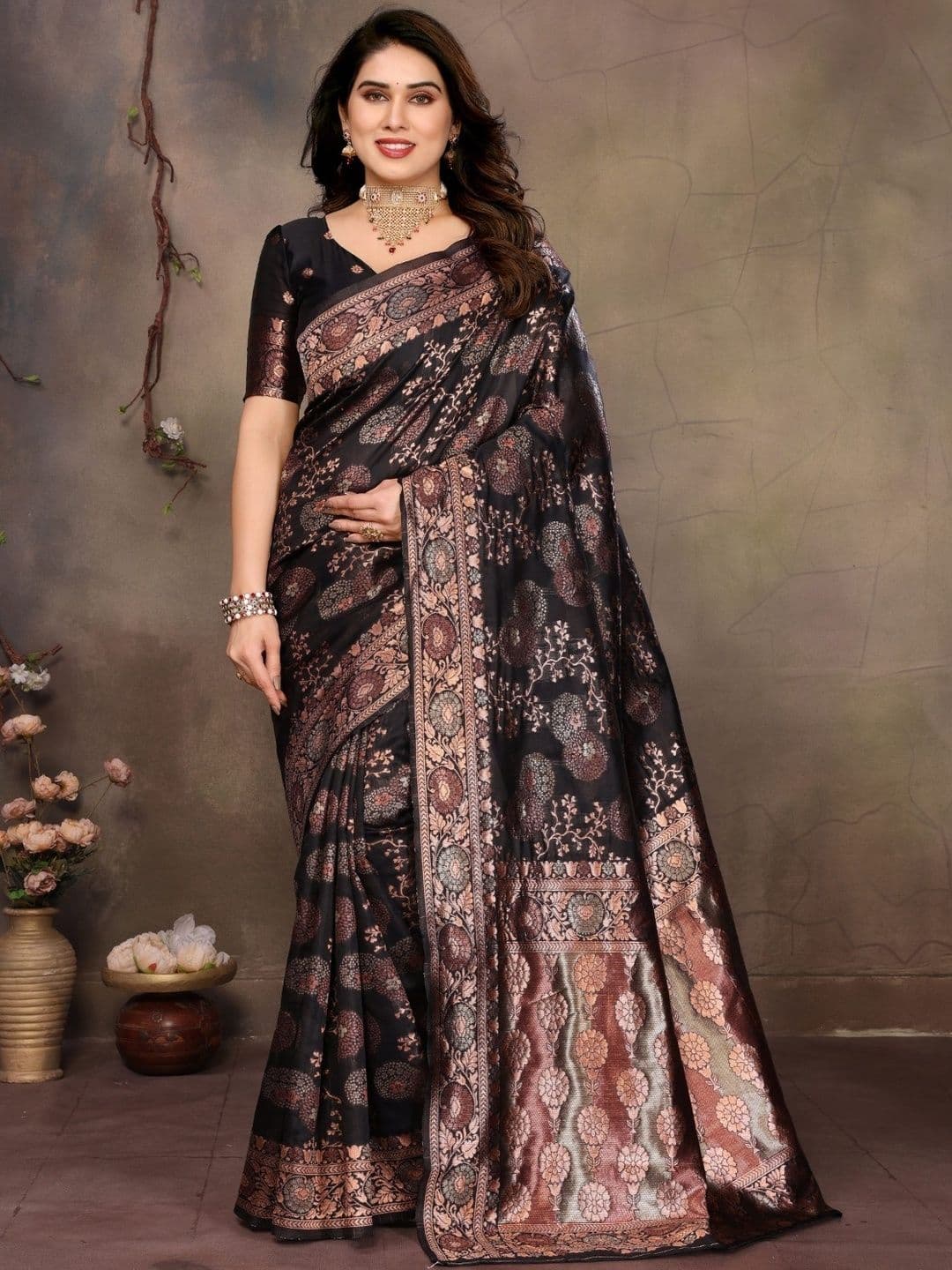 Moda Rapido Black Woven Design Silk Blend Banarasi Sarees - view 1