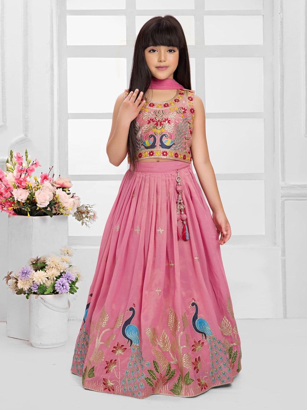 Tiny Kingdom Girls Embroidered Ready To Wear Silk Lehenga & Blouse With Dupatta - view 1