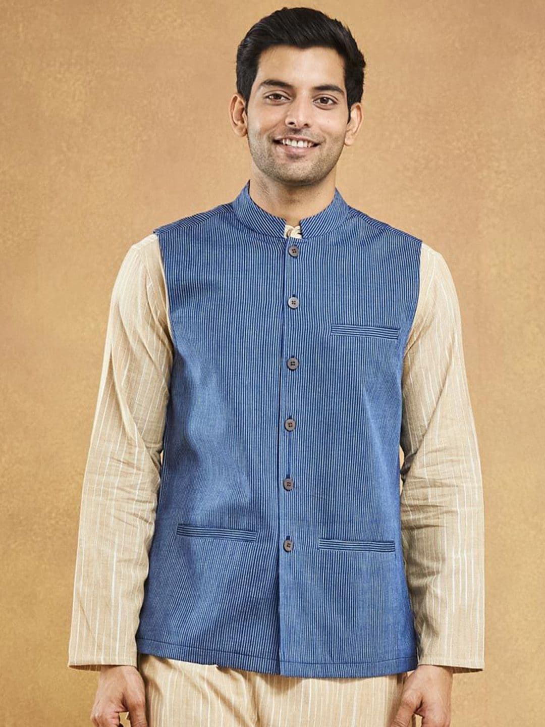 Fabindia Striped Pure Cotton Nehru Jacket - view 1