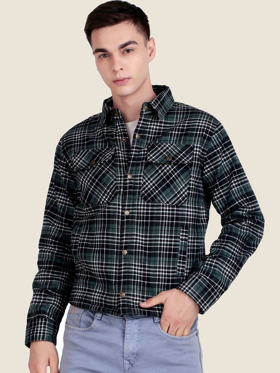 Leather Retail Men Spread Collar Checked Lightweight Tailored Jacket - view 1