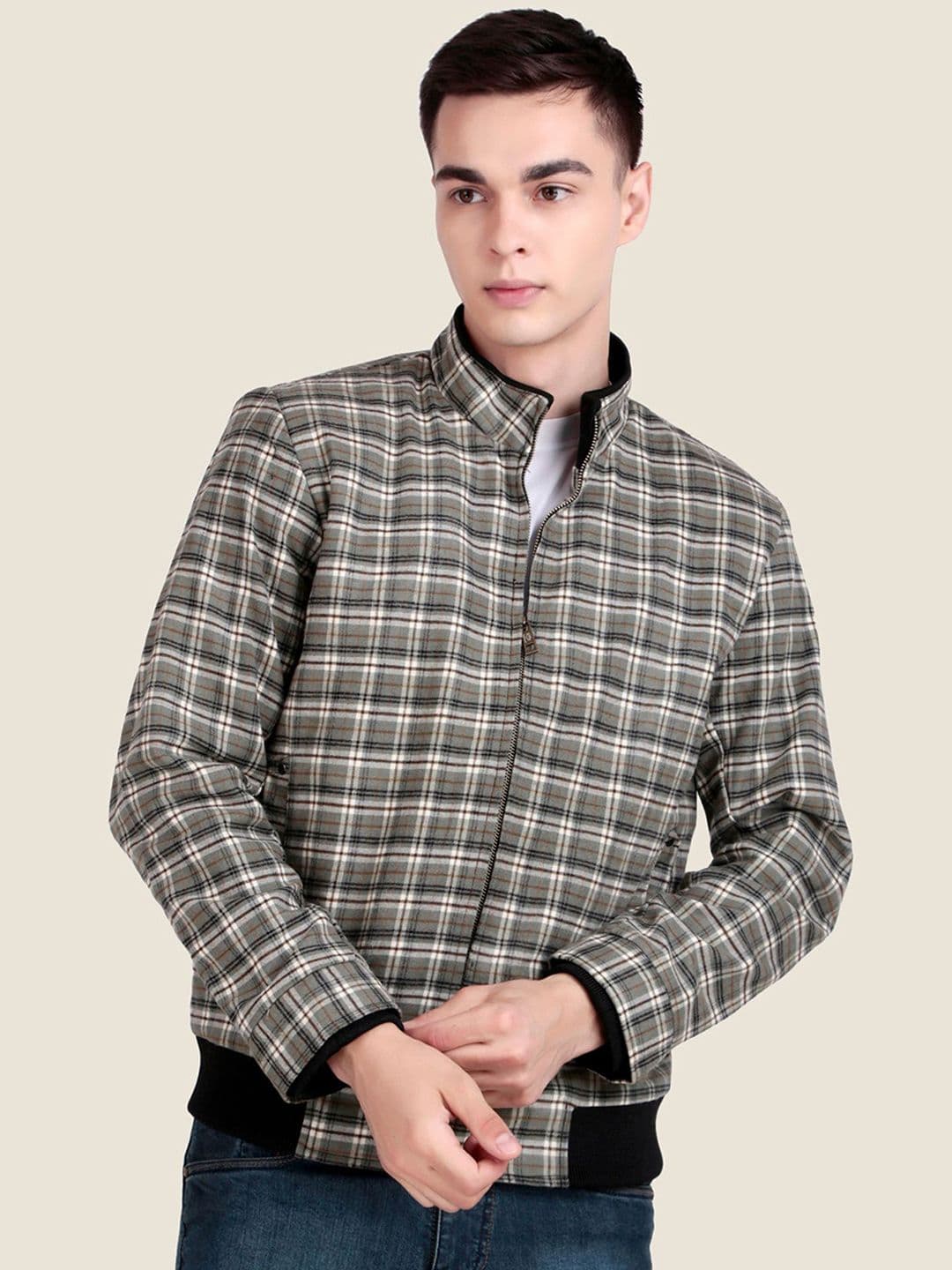 Leather Retail Men Mock Collar Checked Lightweight Tailored Woollen Jacket - view 1