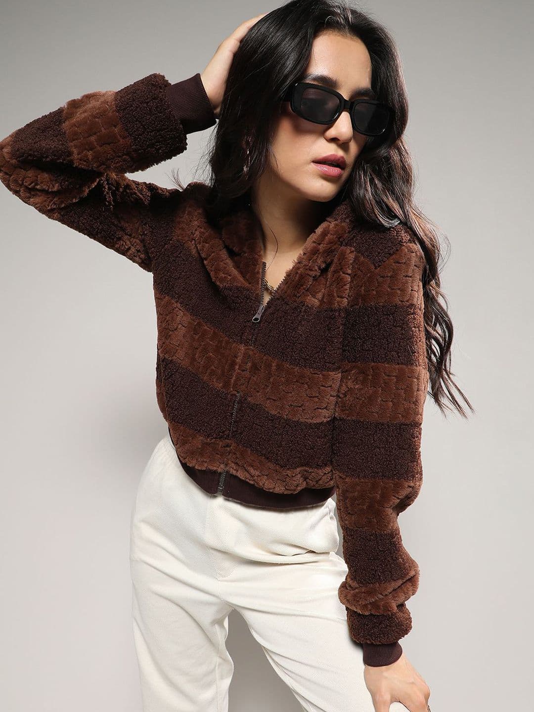 PINACOLADA Women Hooded Striped Lightweight Sherpa Jacket - view 1